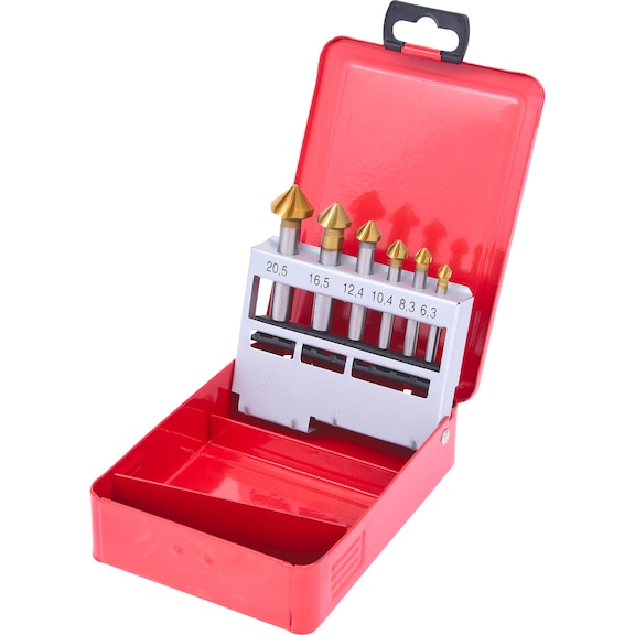 HSS TiN cone deburring countersink set, sheet steel cassette, 6-piece - Deburring countersink set