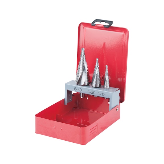 HSS Co 5 step drill bit set, sheet steel cassette, 3-piece - HSS Co 5 step drill