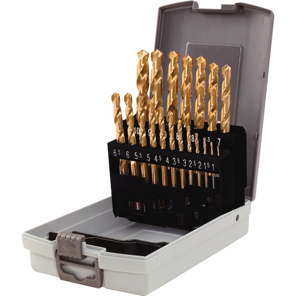 HSS TiN twist drill bit set, plastic case, 19 pieces, 1–10 mm - HSS TiN twist drill set