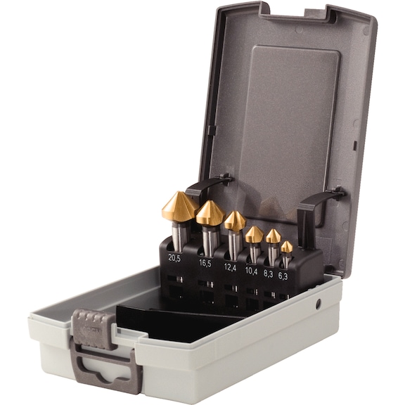 HSS TiN cone countersink set, plastic case, 6 pieces - Deburring countersink set