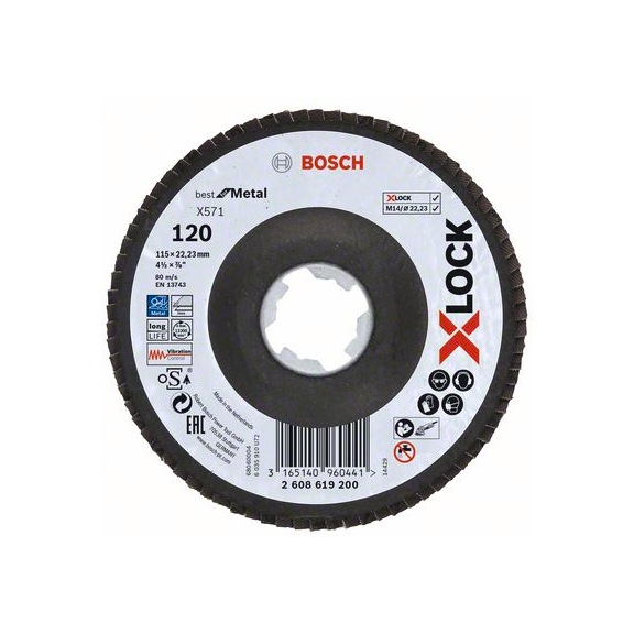 BOSCH Fächerschleifscheibe X571 abgewinkelt 115&nbsp;mm K120 1St 2608619200 - Schleifmittel aus gebundenem Schleifmittel mit Bohrung oder Gewinde