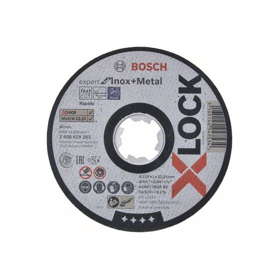 BOSCH X-LOCK Expert InoxMetal 115 x 1 x 22.23 mm cut-off wheel straight 2608619263 - Abrasive made of bonded abrasive with bore or thread
