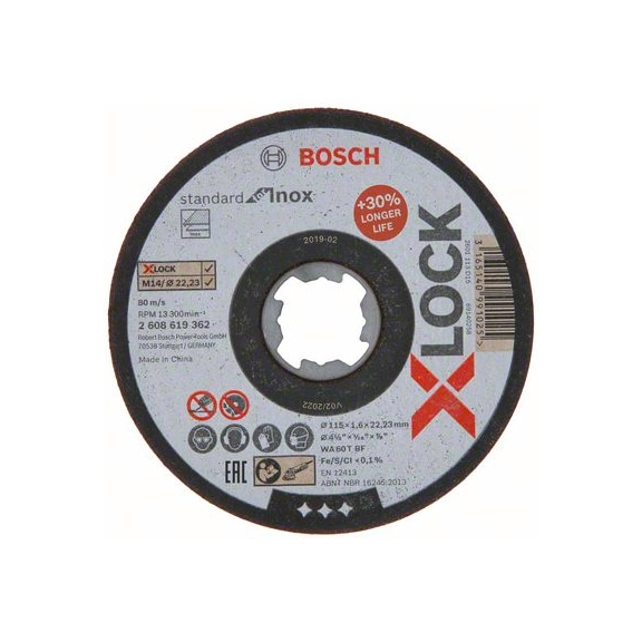 BOSCH X-LOCK Standard for Inox 115 x 1.6 mm T41 2608619362 - Abrasive tool made of abrasive on backing