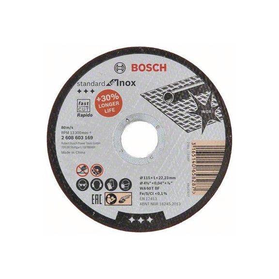 BOSCH Trennscheibe gerade Standard Inox-Rapido WA 60 T BF 115mm 1,0mm 2608603169 - Schleifmittel aus gebundenem Schleifmittel mit Bohrung oder Gewinde