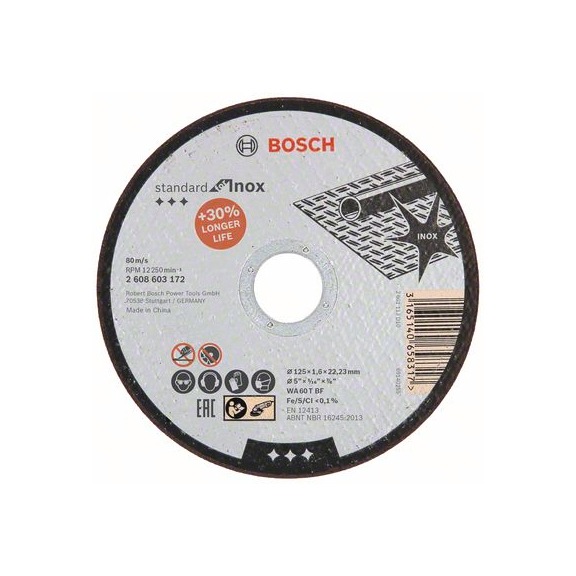 BOSCH Cut-off wheel straight Standard for Inox WA 60 T BF 125 mm 1.6 mm 2608603172 - Abrasive made of bonded abrasive with bore or thread
