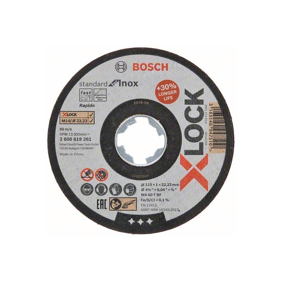 BOSCH Trennscheibe X-LOCK Standard for Inox 115&nbsp;x&nbsp;1&nbsp;x&nbsp;22,23&nbsp;mm gerade 2608619261 - Schleifmittel aus gebundenem Schleifmittel mit Bohrung oder Gewinde