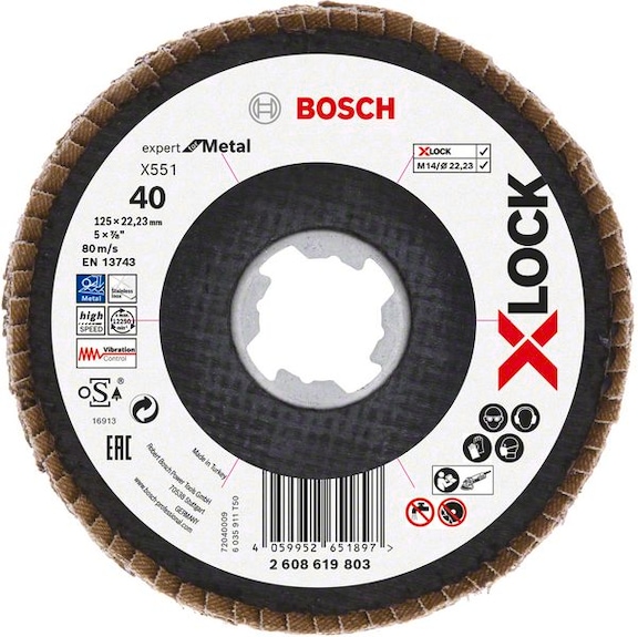 BOSCH X-LOCK flap disc X551 Metal K 40 diameter 125 mm 2608619803 - Abrasive made of bonded abrasive with bore or thread