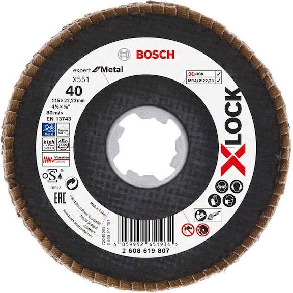BOSCH X-LOCK flap disc X551 Metal K 40 diameter 115 mm 2608619807 - Abrasive made of bonded abrasive with bore or thread