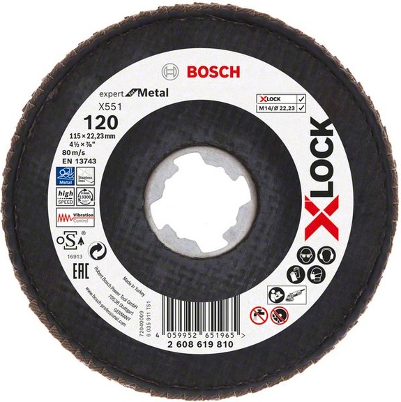 BOSCH X-LOCK flap disc X551 Metal K 120 diameter 115 mm 2608619810 - Abrasive made of bonded abrasive with bore or thread