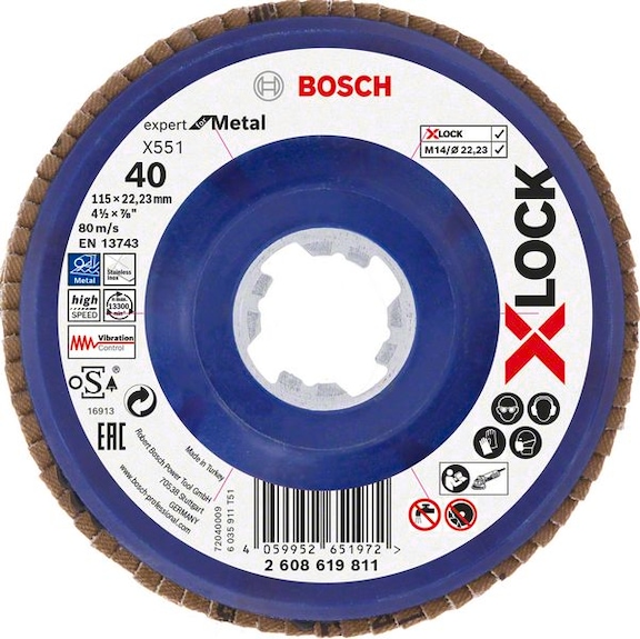 BOSCH X-LOCK flap disc X551 Expert for Metal K 40 115 mm 2608619811 - Abrasive made of bonded abrasive with bore or thread