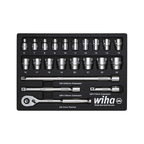 WIHA Ratschenschlüssel Set 3/8 Zoll 23-teilig inklusiv Schaumeinlage 44708 - Steckschlüsselsatz