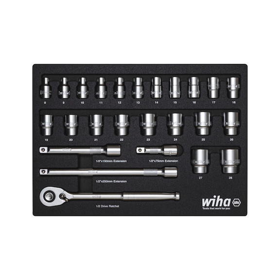 WIHA Ratschenschlüssel Set 1/2 Zoll 26-teilig inklusiv Schaumeinlage 44740 - Steckschlüsselsatz