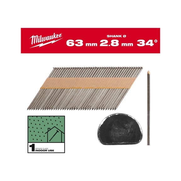 MILWAUKEE D-head nails 34 degrees 63 mm GS SC1 2,200 pieces 4932492596 - Upset head nail