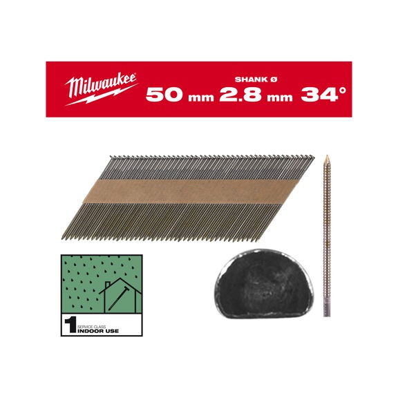 MILWAUKEE D-head nails 34 degrees 50 mm RS SC1 2,200 pieces 4932492599 - Upset head nail
