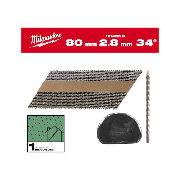 MILWAUKEE D-head nails 34 degrees 80 mm GS SC1 2,200 pieces 4932492603 - Upset head nail