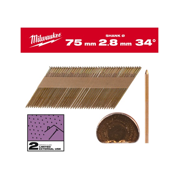 MILWAUKEE D-head nails 34 degrees 75 mm RS SC2 2,200 pieces 4932492608 - Upset head nail