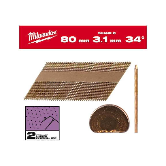 MILWAUKEE D-head nails 34 degrees 80 mm RS SC2 2,200 pieces 4932492611 - Upset head nail