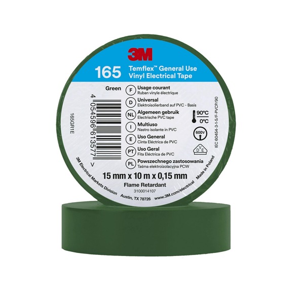 3M Temflex (TM) Vinyl insulating tape 165 Green 15 mm x 10 m 7100184726 - Insulating tapes
