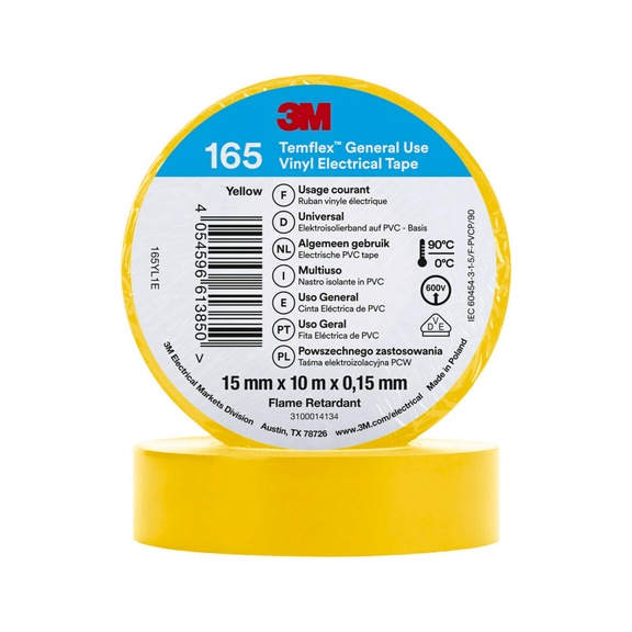 3M Temflex (TM) Vinyl insulating tape 165 Yellow 15 mm x 10 m 7100184732 - Insulating tapes