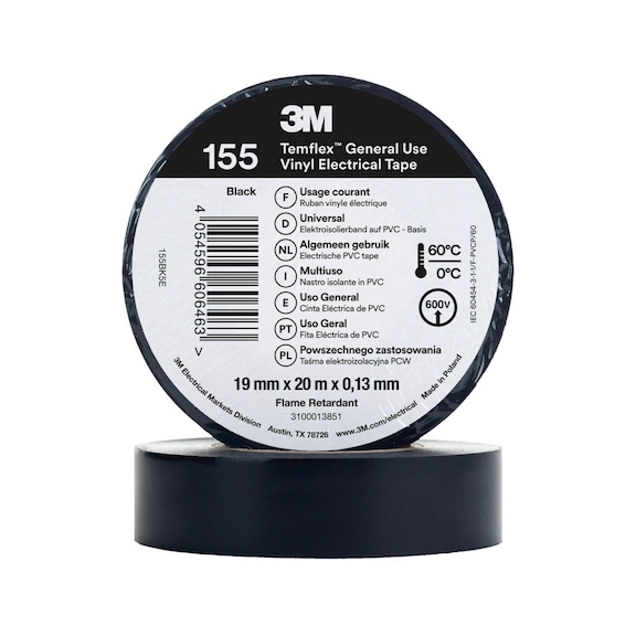 3M Temflex (TM) Vinyl insulating tape 155 Black 19 mm x 20 m 7100184744 - Insulating tapes