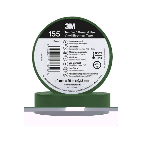 3M Temflex (TM) Vinyl insulating tape 155 Green 19 mm x 20 m 7100184747 - Insulating tapes