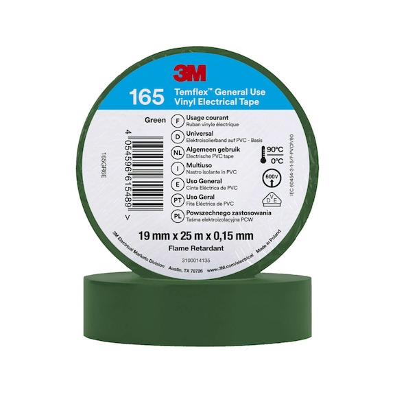 3M Temflex (TM) Vinyl insulating tape 165 Green 19 mm x 25 m 7100184813 - Insulating tapes