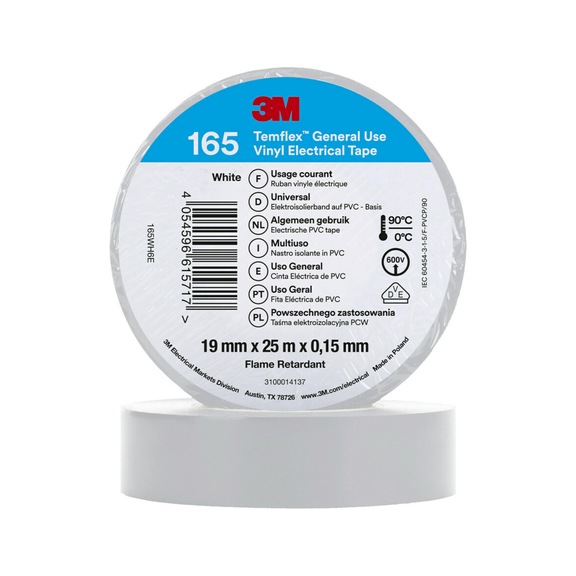 3M Temflex (TM) Vinyl insulating tape 165 White 19 mm x 25 m 7100184818 - Insulating tapes