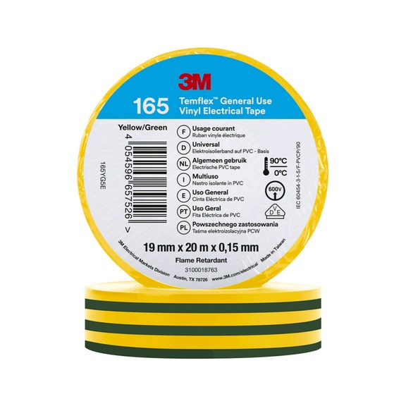 3M Temflex (TM) Vinyl insulating tape 165 Green/Yellow 19 mm x 20 m 7100222493 - Insulating tapes