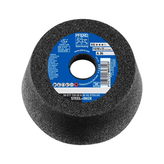 PFERD Schleiftopf ETT 110x20x22,23 mm A36 Leistungslinie SG STEELOX für Stahl - Schleifmittel aus gebundenem Schleifmittel mit Bohrung oder Gewinde