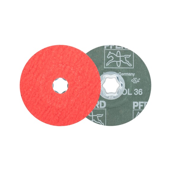 PFERD COMBICLICK ceramic grain fiber disc diameter 115 mm CO-COOL36 stainless steel - Abrasive tool made of abrasive on a base