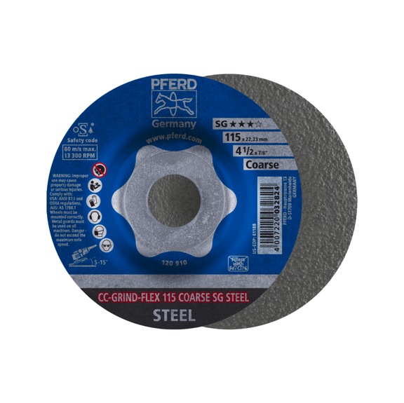 PFERD CC-GRIND FLEX Schleifscheibe 115x22,23 mm COARSE Leistungslinie SG STEEL - Schleifwerkzeug aus Schleifmittel auf Unterlage