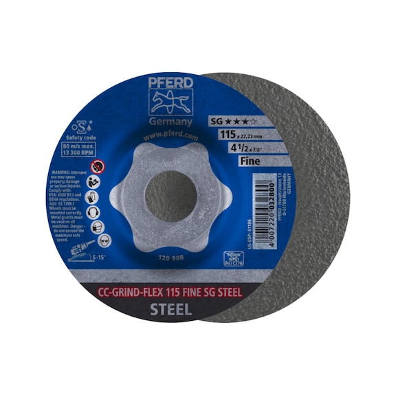 PFERD CC-GRIND FLEX Schleifscheibe 115x22,23 mm FINE Leistungslinie SG STEEL - Schleifwerkzeug aus Schleifmittel auf Unterlage