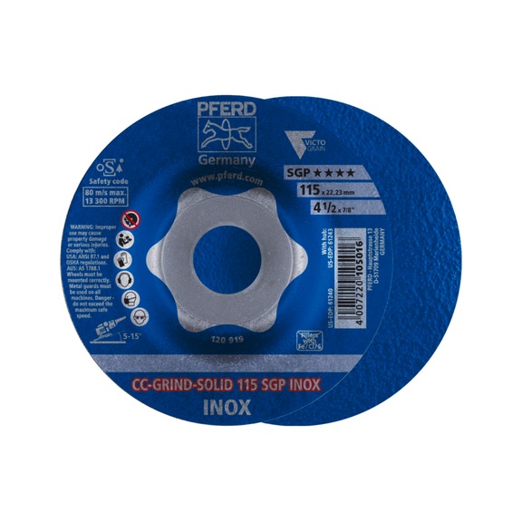 PFERD CC-GRIND SOLID Schleifscheibe 115x22,23 mm COARSE Linie SGP INOX Edelstahl - Schleifwerkzeug aus Schleifmittel auf Unterlage
