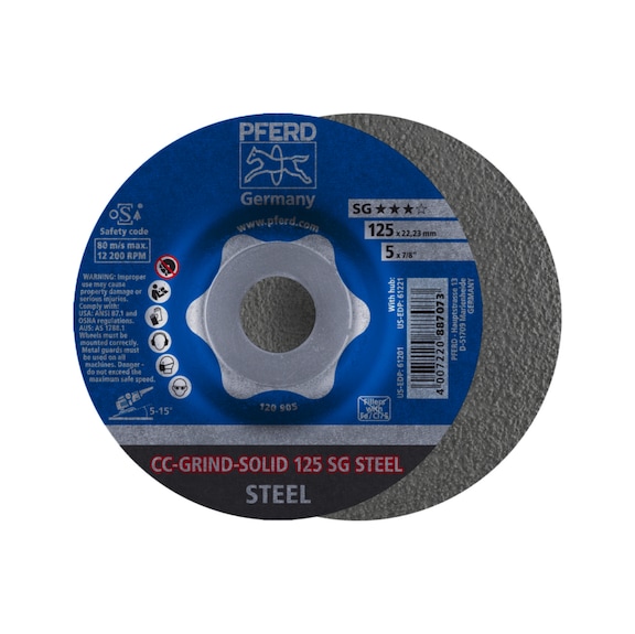 PFERD CC-GRIND SOLID Schleifscheibe 125x22,23 mm COARSE Linie SG STEEL für Stahl - Schleifwerkzeug aus Schleifmittel auf Unterlage