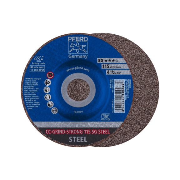 PFERD CC-GRIND STRONG Schleifscheibe 115x22,23 mm COARSE Leistungslinie SG STEEL - Schleifwerkzeug aus Schleifmittel auf Unterlage