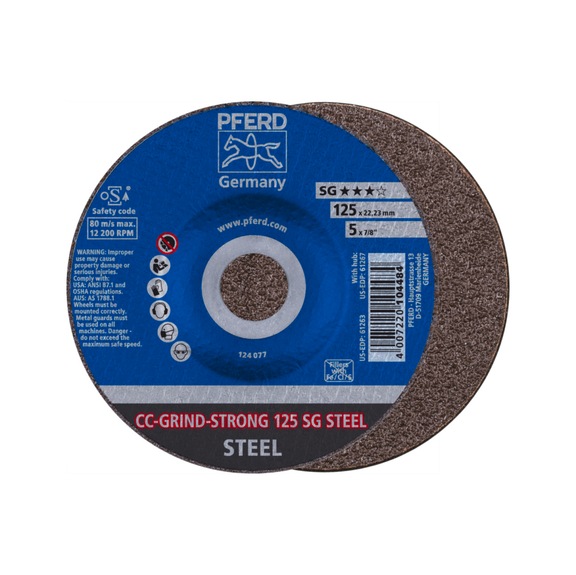 PFERD CC-GRIND STRONG Schleifscheibe 125x22,23 mm COARSE Leistungslinie SG STEEL - Schleifwerkzeug aus Schleifmittel auf Unterlage