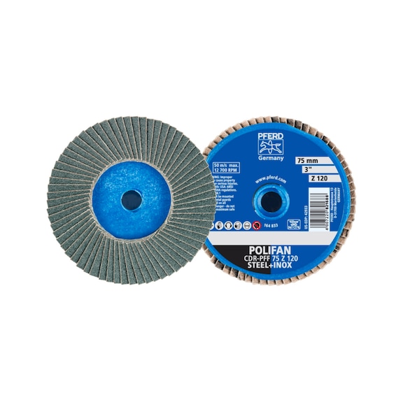 PFERD COMBIDISC Zirkon MiniPOLIFAN CD diameter 75mm Z120 for hardened steel - Abrasive tool made of abrasive on a base