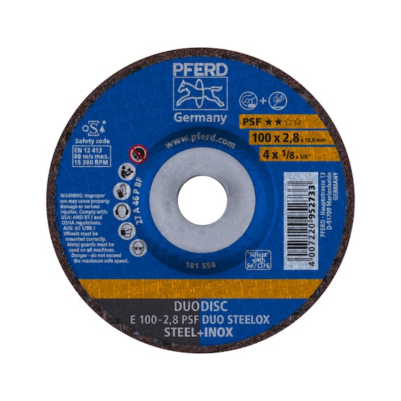 PFERD DUODISC cut-off wheels E 100x2.8x16 mm universal line PSF DUO STEELOX steel - Rough grinding wheel