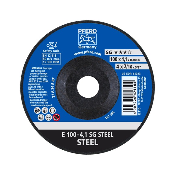 PFERD grinding disc E 100x4.1x16 mm performance line SG STEEL for steel - Rough grinding wheel