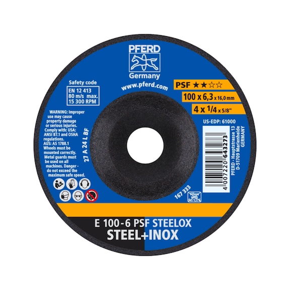 PFERD grinding disc E 100x6.3x16 mm universal line PSF STEELOX for steel - Rough grinding wheel