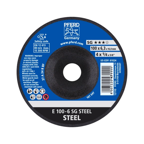 PFERD Schruppscheibe E 100x6,3x16 mm Leistungslinie SG STEEL für Stahl - Schruppschleifscheibe
