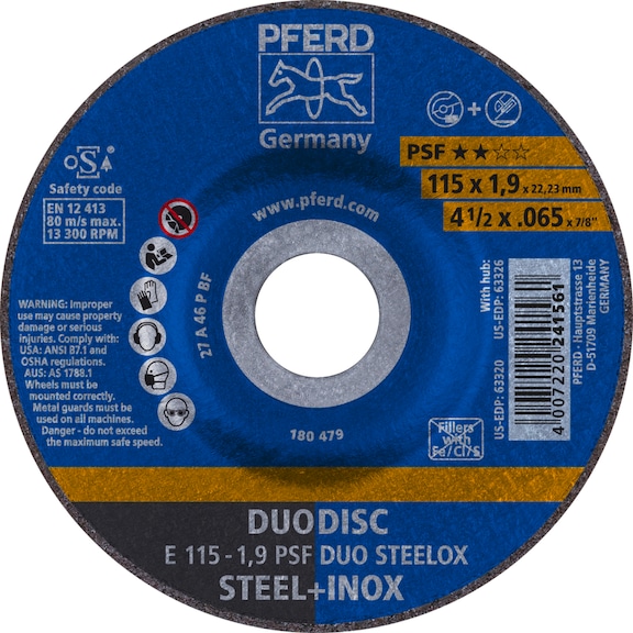 PFERD DUODISC Trennscheiben E 115x1,9x22,23 mm Universallinie PSF DUO STEELOX - Schruppschleifscheibe