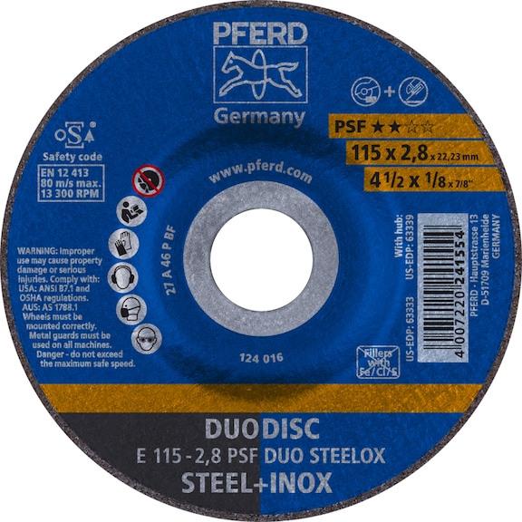 PFERD DUODISC cut-off wheels E 115x2.8x22.23 mm universal line PSF DUO STEELOX - Rough grinding wheel