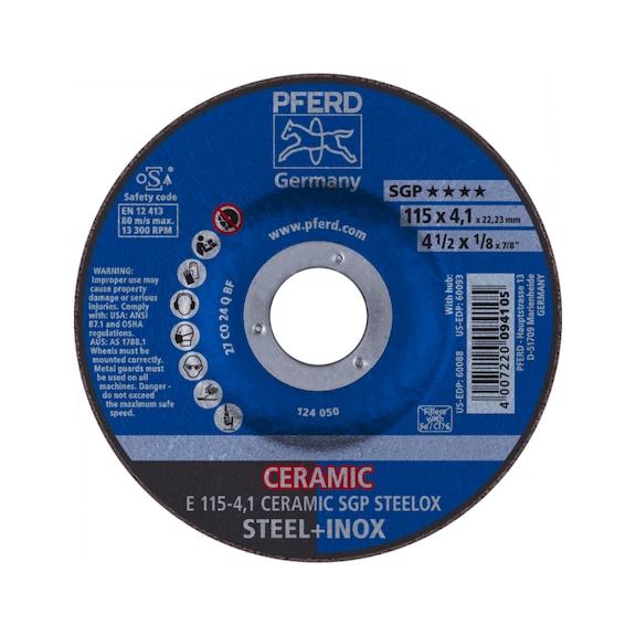 PFERD grinding disc E 115x4.1x22.23 mm CERAMIC performance line SG STEELOX steel - Rough grinding wheel
