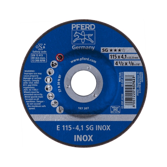 PFERD Schruppscheibe E 115x4,1x22,23 mm Leistungslinie SG INOX für Edelstahl - Schruppschleifscheibe