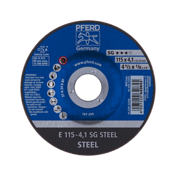 PFERD grinding disc E 115x4.1x22.23 mm performance line SG STEEL for steel - Rough grinding wheel