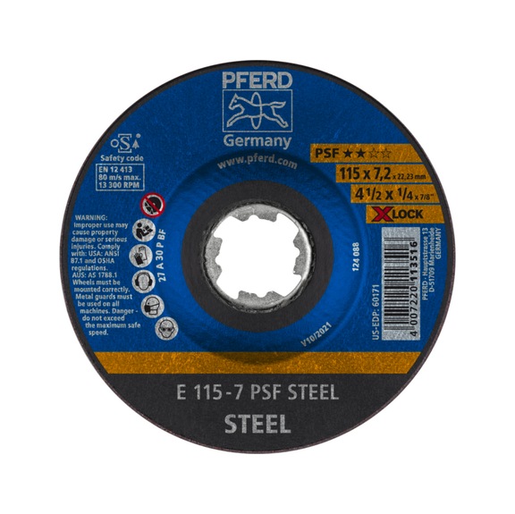 PFERD grinding disc E 115x7.2 mm X-LOCK universal line PSF STEEL for steel - Rough grinding wheel