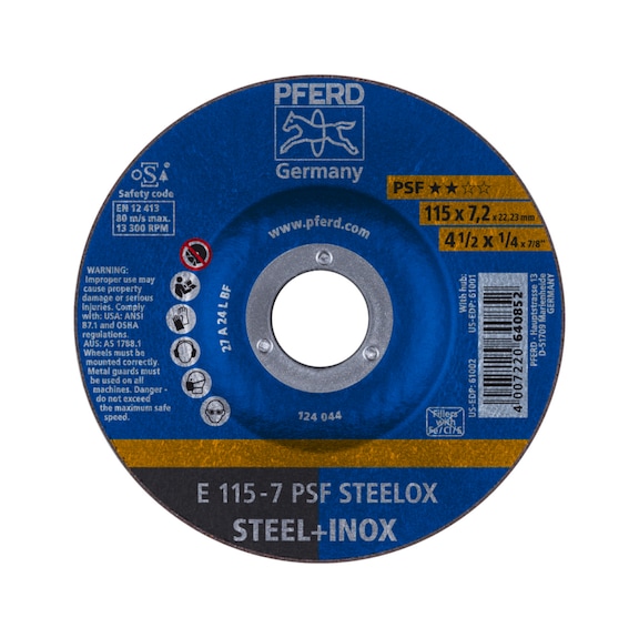 PFERD Schruppscheibe E 115x7,2x22,23 mm Universallinie PSF STEELOX für Stahl - Schruppschleifscheibe