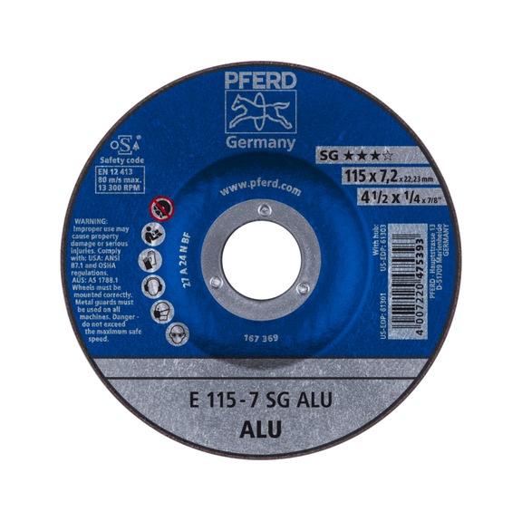 PFERD grinding disc E 115x7.2x22.23 mm performance line SG ALU for aluminum - Rough grinding wheel