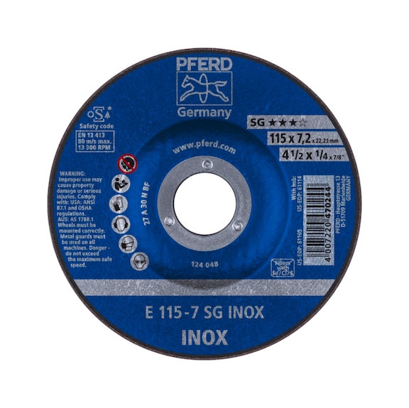 PFERD grinding disc E 115x7.2x22.23 mm performance line SG INOX for stainless steel - Rough grinding wheel